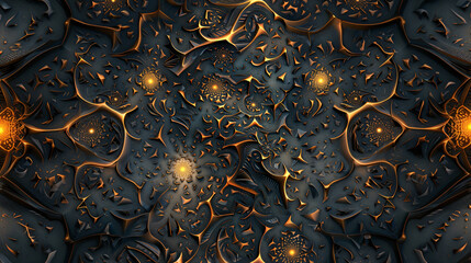 Poster - Abstract fractal design with dark background and golden light bursting from circular patterns