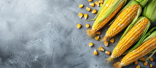 Sticker - Yellow corn cobs arranged on a gray table with a copy space image