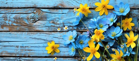 Poster - Spring flowers in yellow and blue hues are beautifully set against a rustic wooden backdrop providing a charming setting with a copy space image