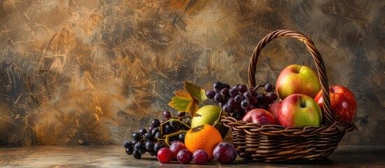 Poster - Selection of fruits in the basket creates a rustic display with copy space image