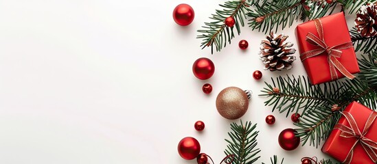 Poster - A festive arrangement featuring Christmas presents adorned with a spruce twig and ornaments against a white backdrop creating a beautiful copy space image