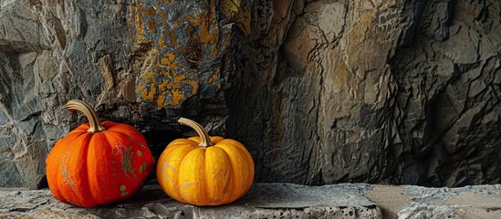 Aufkleber - A pumpkin duo one orange one yellow set against a stone backdrop in a spooky Halloween themed copy space image