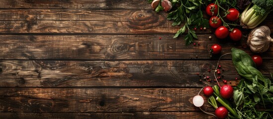Poster - Copy space image featuring a rustic wooden background adorned with an array of veggies like garlic tomatoes and radish