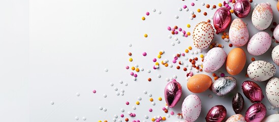 Poster - A festive Easter theme featuring colorful chocolate eggs with sugary dragees on a white backdrop with plenty of copy space ideal for an Easter greeting card