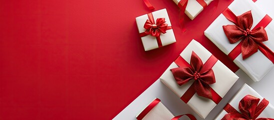 Fototapete - Festive holiday arrangement featuring gift boxes adorned with red bows for occasions like Valentine s Day Christmas birthdays or weddings set against a red and white backdrop View from above with amp