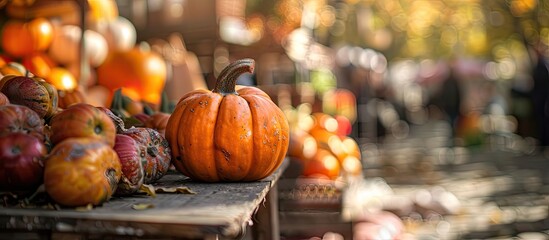 Canvas Print - Fall themed outdoor market stall showcases an orange pumpkin with space for text in a Thanksgiving themed copy space image