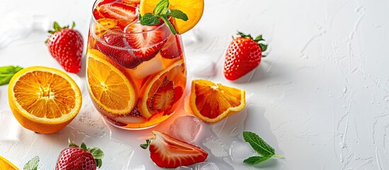 Wall Mural - A white background showcases a vibrant sangria with fresh oranges and strawberries in a copy space image