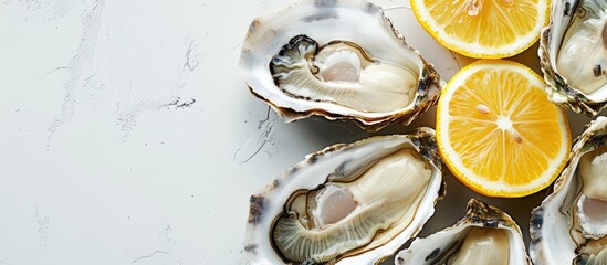 Sticker - Raw oysters presented with a lemon slice in a copy space image