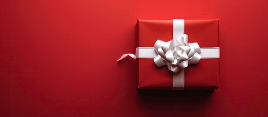 Fototapete - A festive Christmas gift box with a white bow on a red backdrop creating a seasonal ambiance in the copy space image