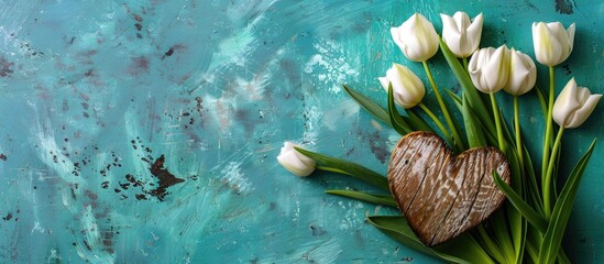 Poster - A serene lifestyle composition for a holiday featuring white and green tulips arranged next to a wooden heart on a rustic turquoise concrete backdrop with copy space image