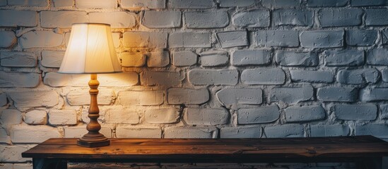 Poster - A lit lamp on a wooden table near a white brick wall creates a cozy ambiance in a dimly lit room with a copy space image