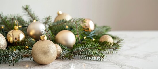 Poster - Festive decorations like Christmas ornaments and evergreen branches arranged on a table with a styled copy space image