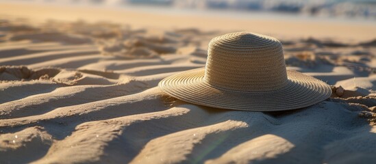 Poster - Elegant hat for women displayed on a sandy surface with a backdrop that offers space for inserting an image. Creative banner. Copyspace image