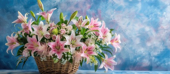 Aufkleber - A stunning arrangement of pink lilies and white roses displayed in a rustic wicker basket set against a serene blue backdrop with copy space image