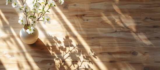 Poster - White flowers casting hard shadows are placed on a wooden surface with the vase s shadow visible on the floor beside them creating a serene copy space image