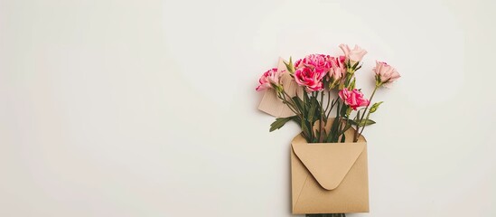 Poster - Top view of a small bouquet of pink flowers with an envelope on a white backdrop in a flat lay composition ideal for designs with copy space image