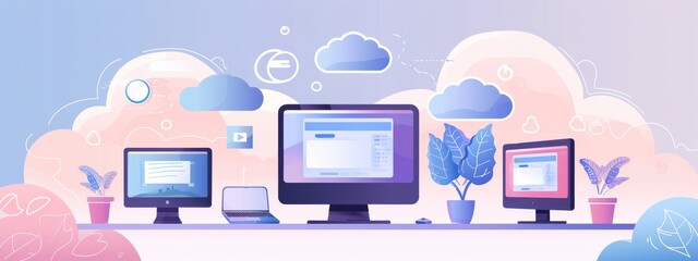 Wall Mural - Isometric style flat lay illustration with computers, analytics concept