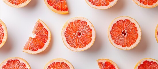 Aufkleber - Top view of grapefruit halves arranged on a clean white surface with ample space for text or graphics