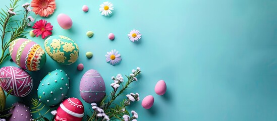 Aufkleber - Flat lay view of Easter decorations creating a colorful Happy Easter holiday background with copy space image