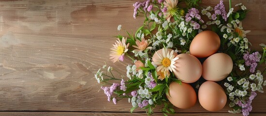 Fototapete - Easter themed arrangement of flowers and chicken eggs on a wooden background with copy space image available
