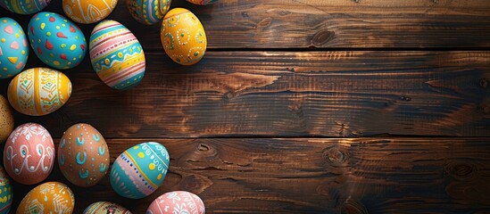 Aufkleber - Top view of Easter eggs displayed on a wooden table enhancing the scene with copy space image