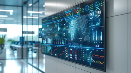 Wall Mural - A digital wall display in a high-tech office showing comprehensive health data analysis with layered visualizations and intricate details. Generative AI.