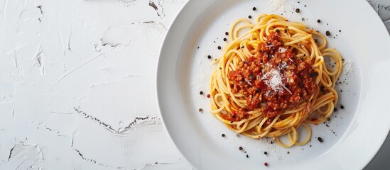 Poster - Savoring spaghetti bolognese sprinkled with black pepper and salt on a white plate against a textured backdrop with ample copy space for additional elements