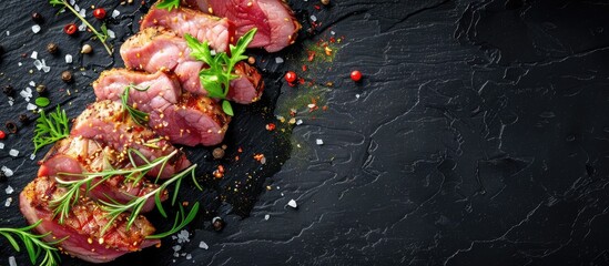 Canvas Print - Slices of pork spiced with blood for a lunchtime meal preparation with a copyspace image