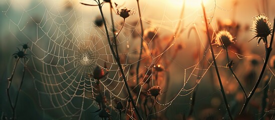 Fototapete - Vintage retro autumn abstract background featuring dry plants at sunrise with a spider web providing ample copy space image