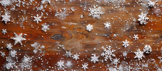 Wall Mural - Winter sale on a wooden table adorned with snowflakes providing a festive and inviting copy space image for text placement