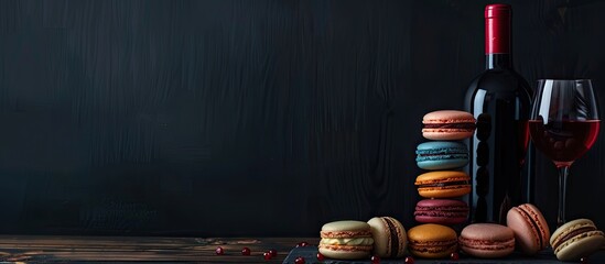 Aufkleber - Sweet macarons wine bottle and glasses on a dark backdrop with available copy space image