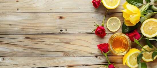 Poster - A refreshing beverage with roses and lemon slices on a wooden surface with a white backdrop for text Copy space image