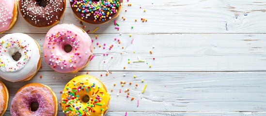 Poster - A variety of vibrant donuts displayed on a white wooden surface with icing and sprinkles some frosted with ample copy space in the top view image