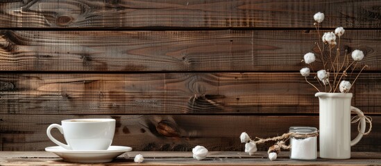 Aufkleber - Rustic wooden planks backdrop for a cup of cocoa with copy space image