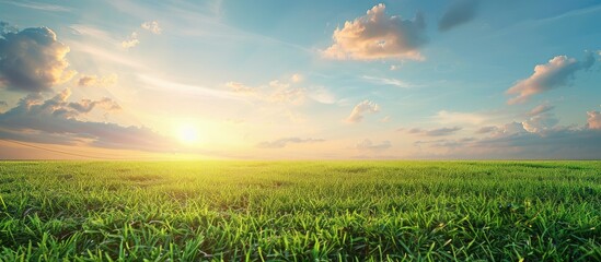 Wall Mural - A banner on a green lawn is showcased in a studio shot with a rising sun against a backdrop of a warm blue sky offering ample copy space image