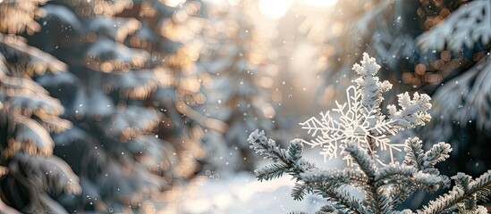 Fototapete - Forest scenery with a snowy spruce tree adorned with a delicate snowflake in a copy space image focusing on background textures