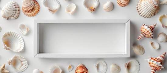 Wall Mural - Seashells scattered around a white frame on a white backdrop with a vacant copy space image within