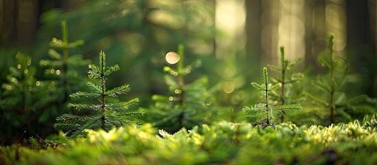 Aufkleber - Forest with copy space image featuring young fir trees focused in the background