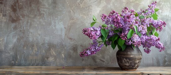 Poster - Lilac bouquet in a vase on a wooden table against a concrete wall in a copy space image