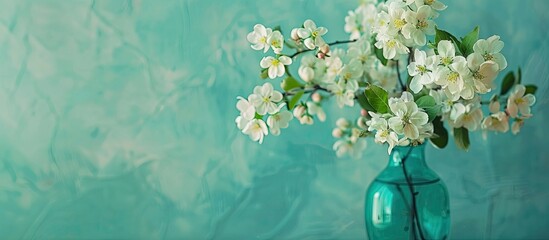 Aufkleber - Background of turquoise paper with a vase holding a bouquet of white Apple blossoms creating an abstract floral spring setting with copy space image