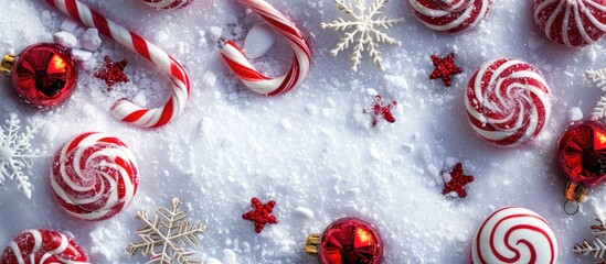 Aufkleber - Creative holiday concept with Christmas candy arranged on snow in a flat lay style with copy space image