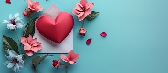 Poster - Valentine s Day card mockup with envelope red heart and flowers on a paper background for copy space image