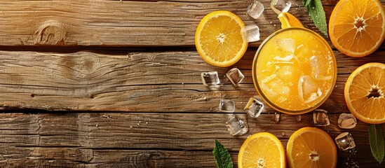 Aufkleber - Fresh orange juice with ice on a wooden surface background showcasing a copy space image