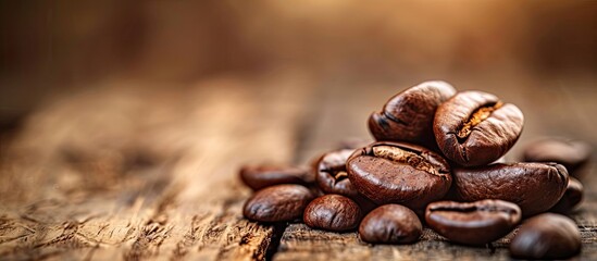 Poster - Retro vintage style coffee bean on wood background with a filter effect creating a captivating copy space image