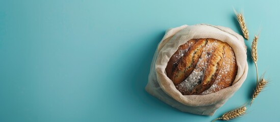 Wall Mural - Flat lay with copy space image of mesh bag holding freshly baked bread on a blue background