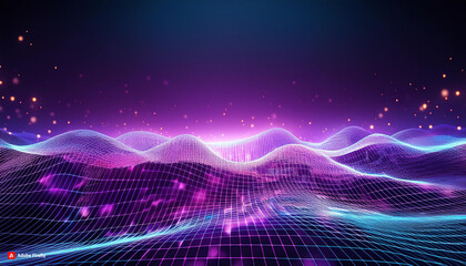 A futuristic digital landscape with a wavy grid pattern and glowing particles