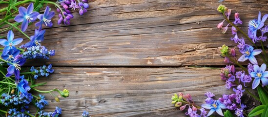 Aufkleber - Purple corydalis and blue scilla flowers on a wooden backdrop symbolizing the first signs of spring perfect for Valentine s Women s and Mother s Day cards Top down shot with empty space for text or i