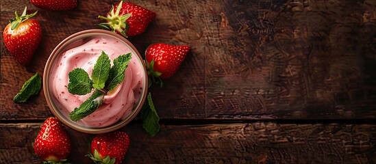 Poster - Strawberry creamy dessert with mint on a wooden background viewed from the top with ample copy space image