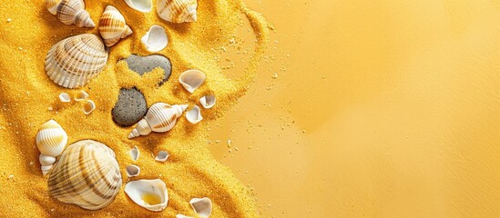 Fototapete - Yellow sand adorned with shells and stones providing copy space image