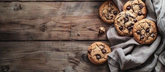 Poster - A rustic studio shot featuring homemade chocolate chip cookies on a wooden table with a vintage and bright aesthetic Copy space image included